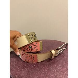 Fossil Patchwork Tooled Leather Belt Floral Embellished